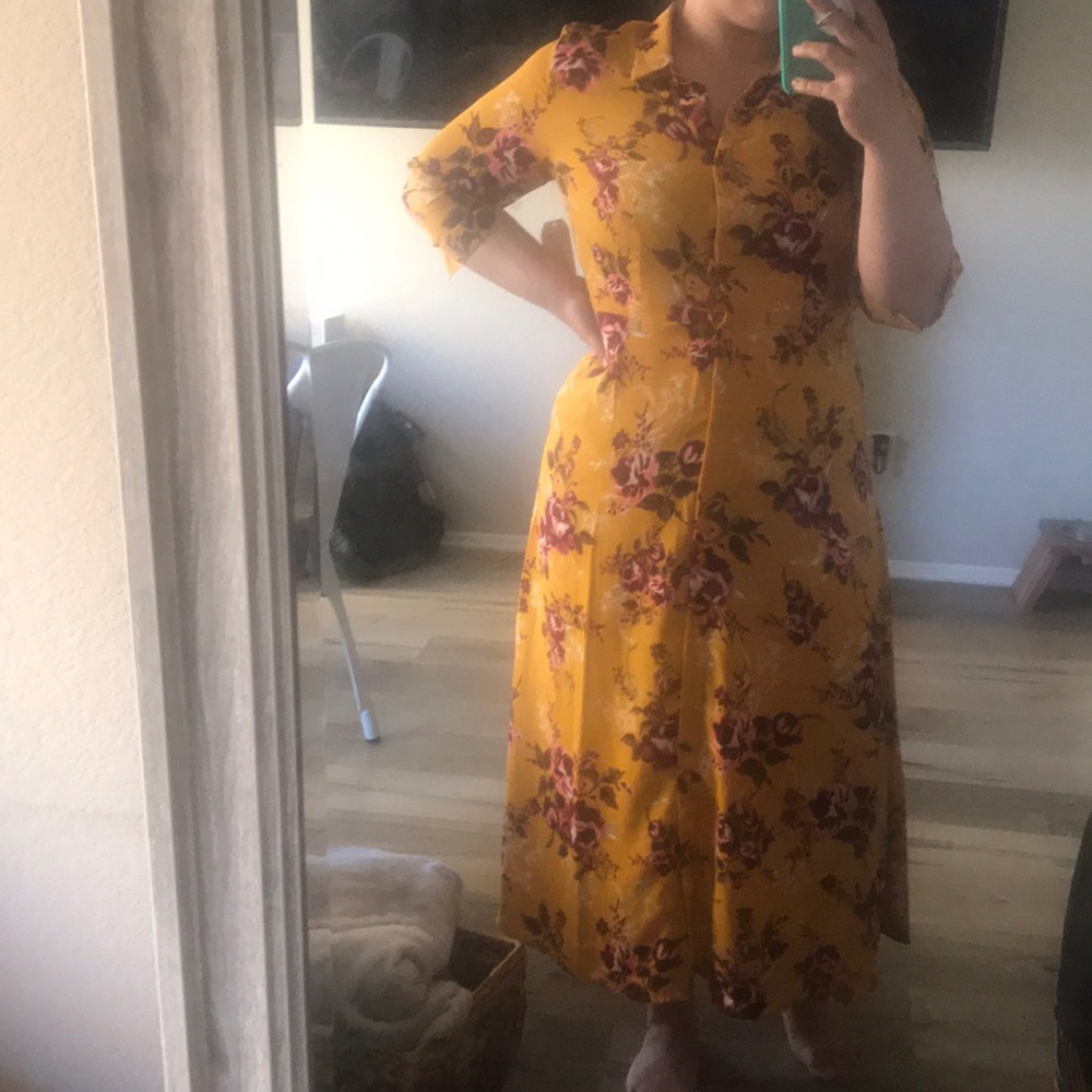 Yellow button up floral dress